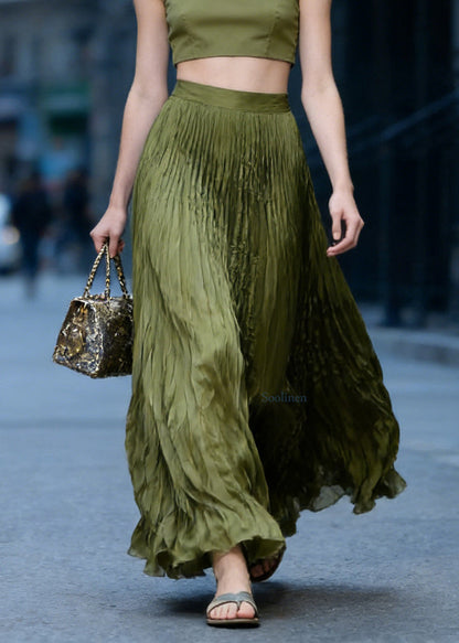 Chic Green High Waist Wrinkled Chiffon Skirts Spring