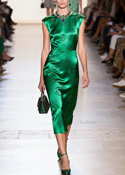 Chic Green O Neck Jacquard Silk Maxi Dresses Summer