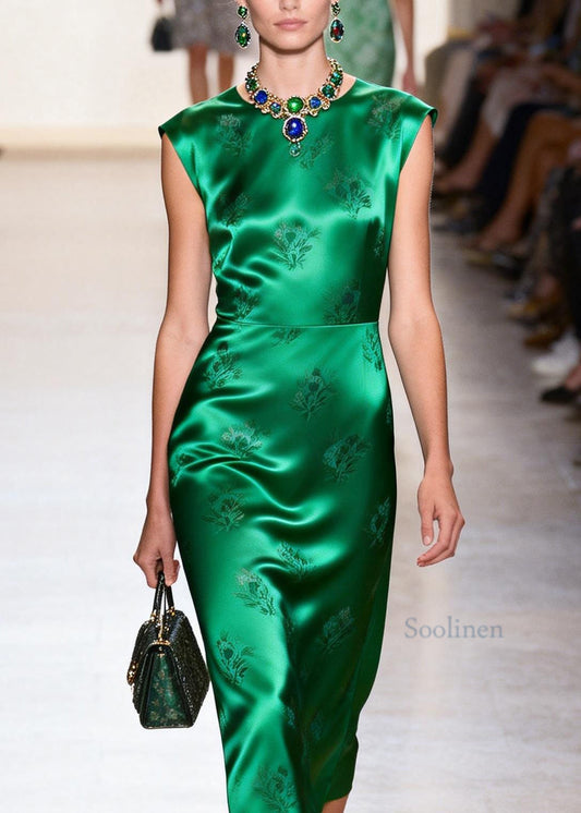 Chic Green O Neck Jacquard Silk Maxi Dresses Summer