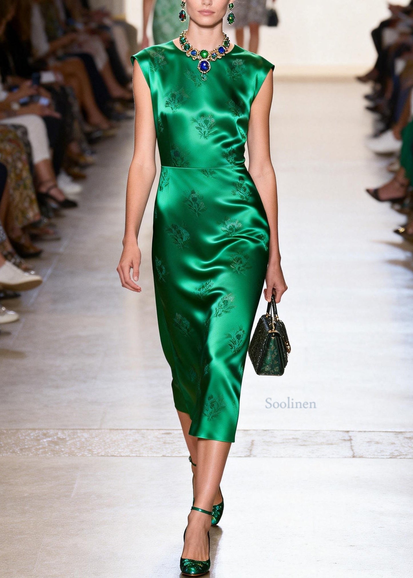 Chic Green O Neck Jacquard Silk Maxi Dresses Summer
