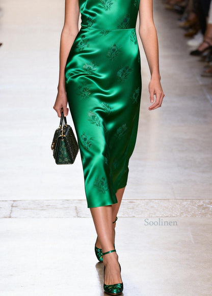 Chic Green O Neck Jacquard Silk Maxi Dresses Summer