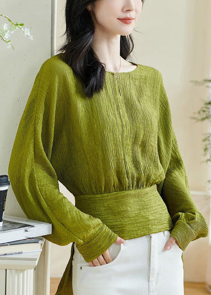 Chic Green O-Neck Patchwork Bow Top Lantern Sleeve