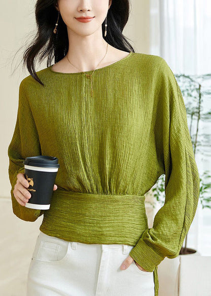 Chic Green O-Neck Patchwork Bow Top Lantern Sleeve