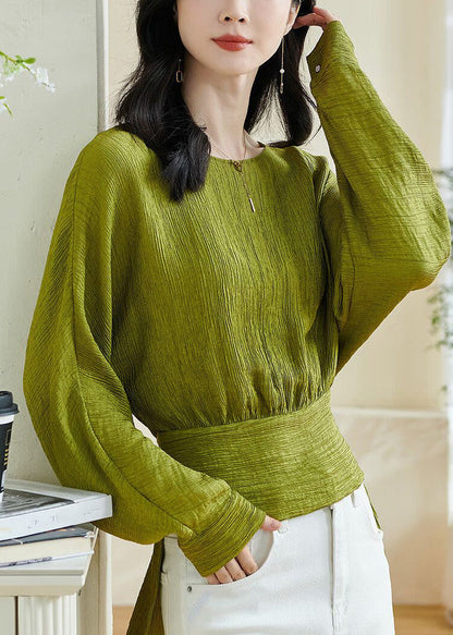 Chic Green O-Neck Patchwork Bow Top Lantern Sleeve