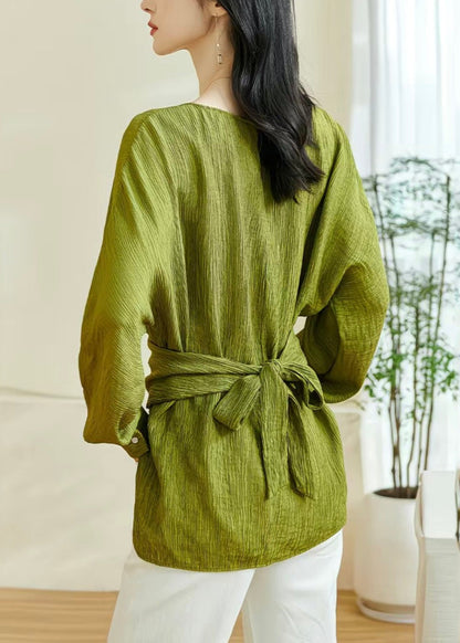 Chic Green O-Neck Patchwork Bow Top Lantern Sleeve