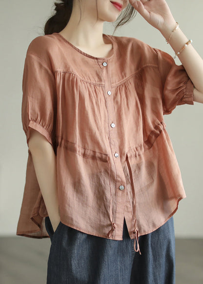 Camisa elegante de manga corta de ramio liso con cuello redondo, patchwork, cintura arrugada y lazo en color verde