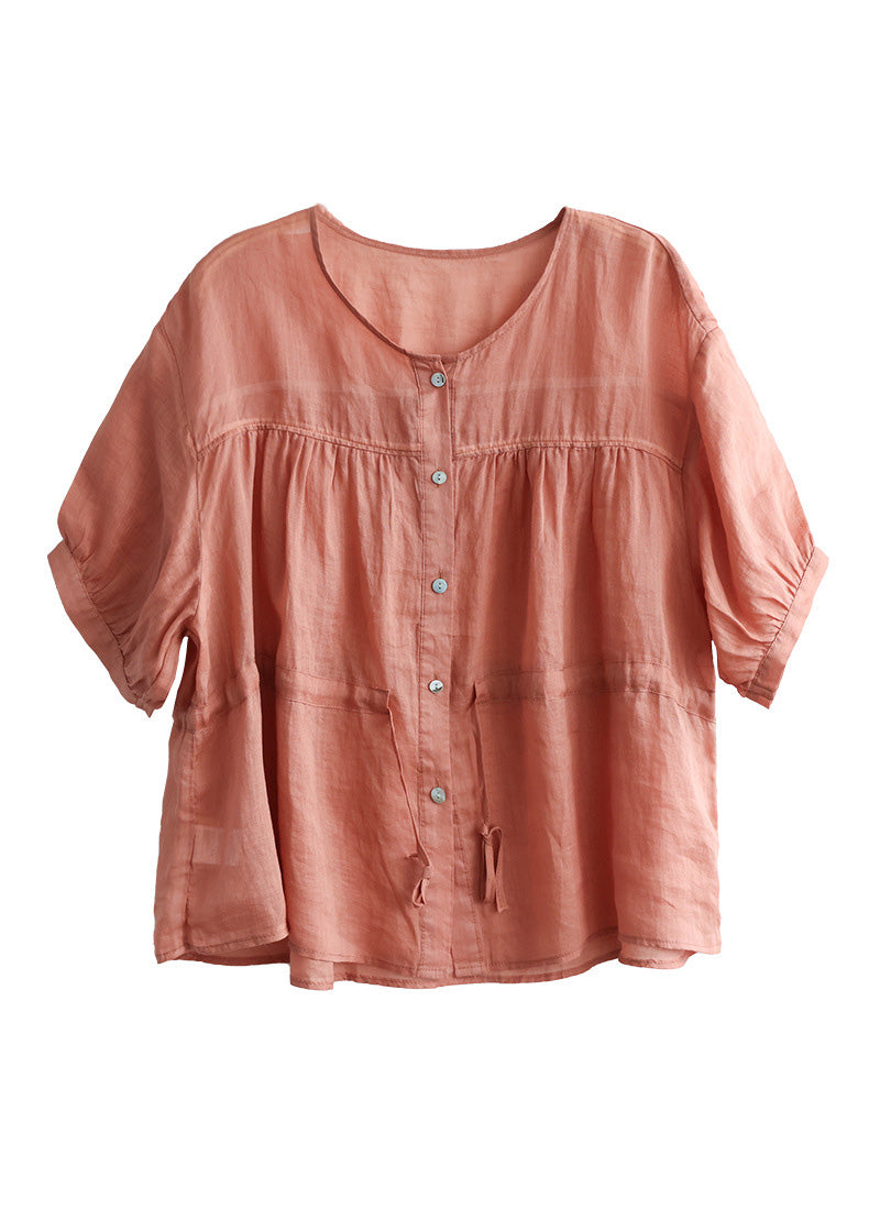 Camisa elegante de manga corta de ramio liso con cuello redondo, patchwork, cintura arrugada y lazo en color verde