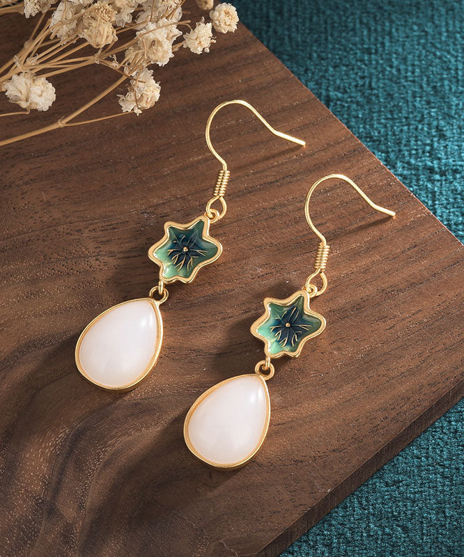 Schicke grüne Overgild Intarsien Jade Quaste Wassertropfen Tropfen Ohrringe