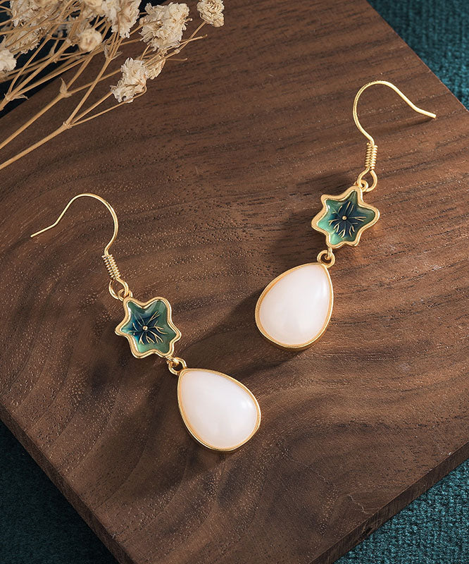 Schicke grüne Overgild Intarsien Jade Quaste Wassertropfen Tropfen Ohrringe