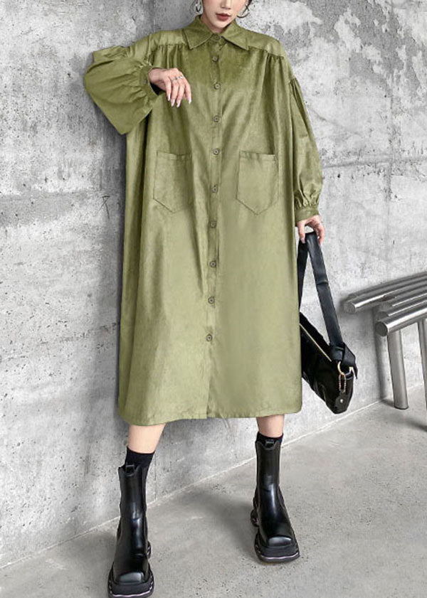 Schickes grünes Peter-Pan-Kragen-Patchwork-Baumwollhemdkleid Frühling