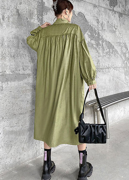 Schickes grünes Peter-Pan-Kragen-Patchwork-Baumwollhemdkleid Frühling