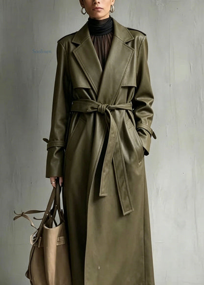 Chic Green Peter Pan Collar Pockets Faux Leather Trench Fall