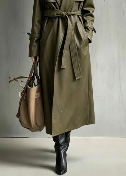Chic Green Peter Pan Collar Pockets Faux Leather Trench Fall