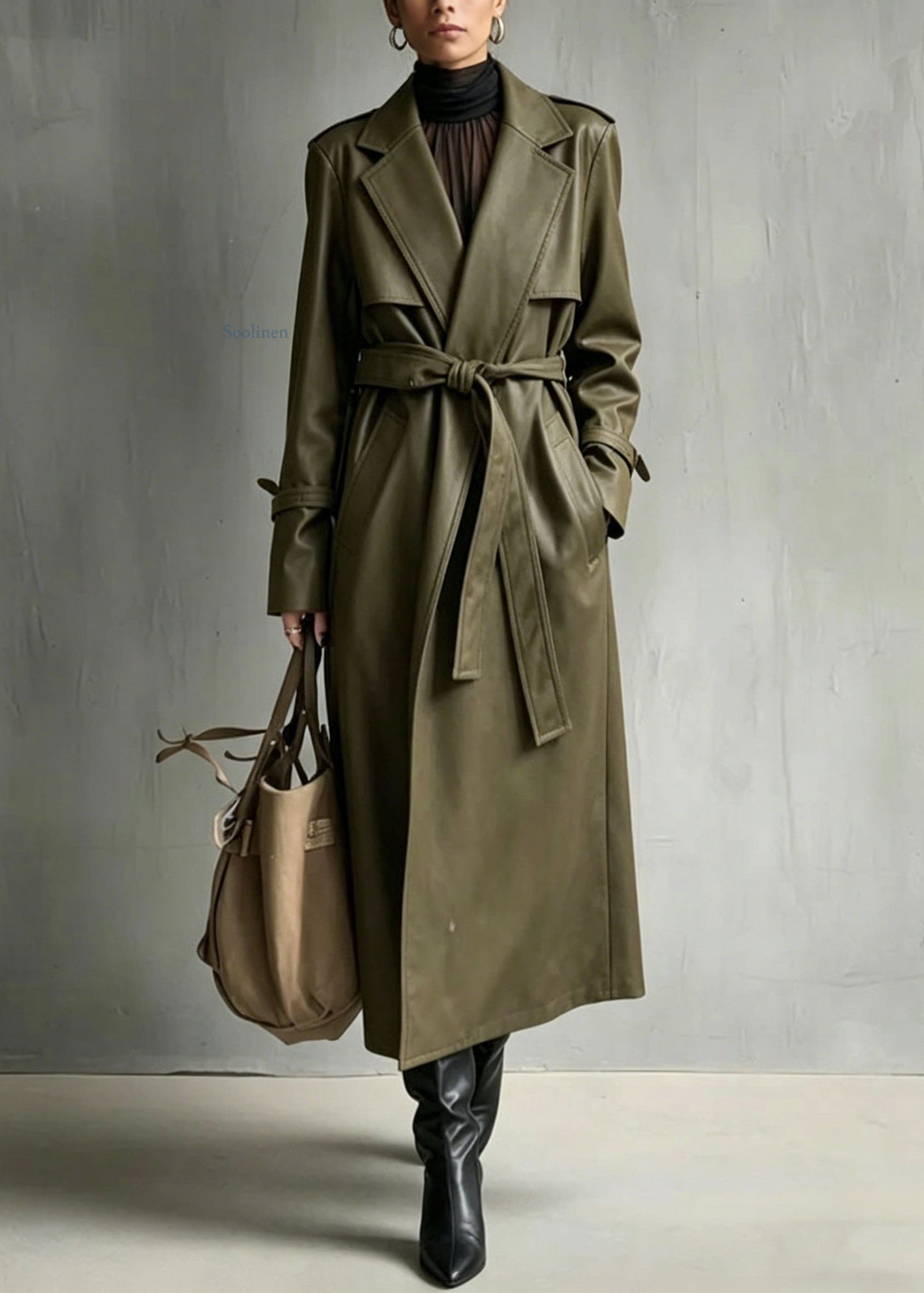 Chic Green Peter Pan Collar Pockets Faux Leather Trench Fall