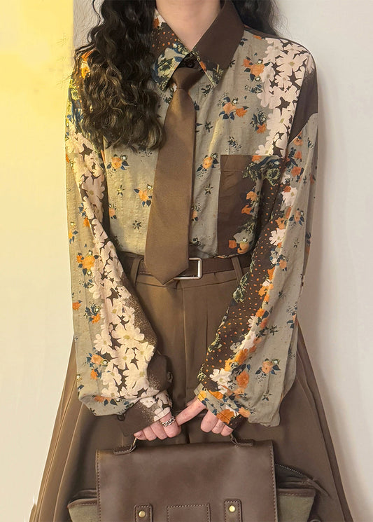 Chic Green Print Button Pockets Cotton Blouses Spring