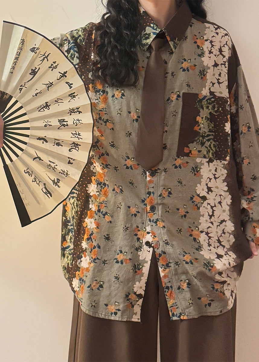 Chic Green Print Button Pockets Cotton Blouses Spring