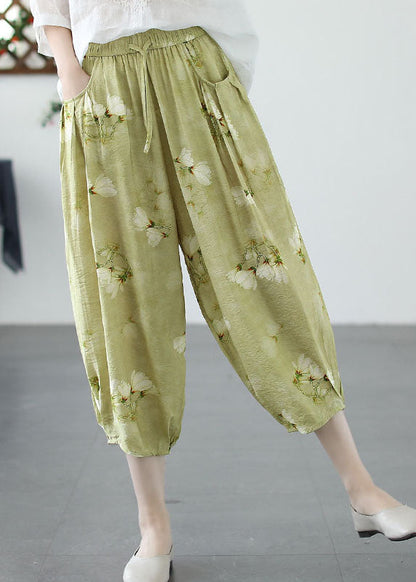 Pantalones harén de lino con estampado verde chic y bolsillos de patchwork para verano