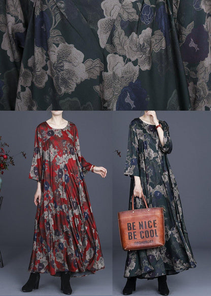 Chic Green Print Silk asymmetrical design Mid Dress Summer - SooLinen