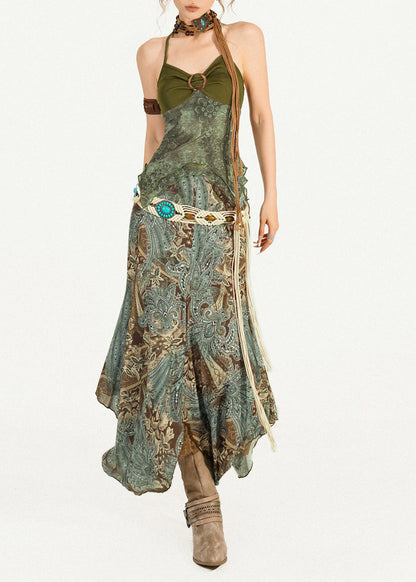 Chic Green Print Top And Maxi Skirts Two Pieces Set Sleeveless