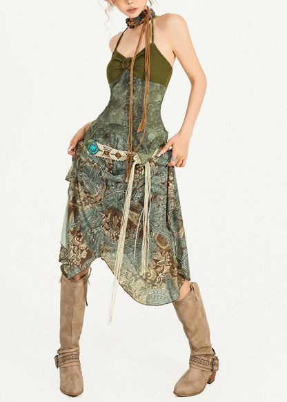 Chic Green Print Top And Maxi Skirts Two Pieces Set Sleeveless