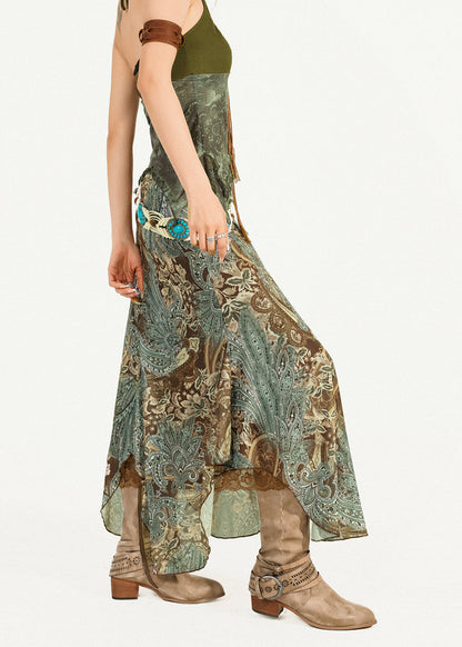 Chic Green Print Top And Maxi Skirts Two Pieces Set Sleeveless