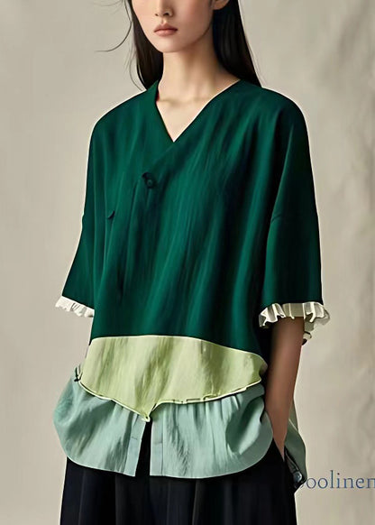 Chic Green Ruffled Patchwork Cotton Shirts Half Sleeve