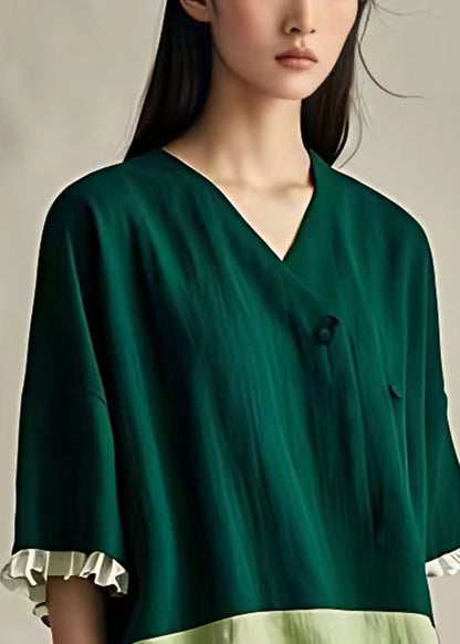 Chic Green Ruffled Patchwork Cotton Shirts Half Sleeve