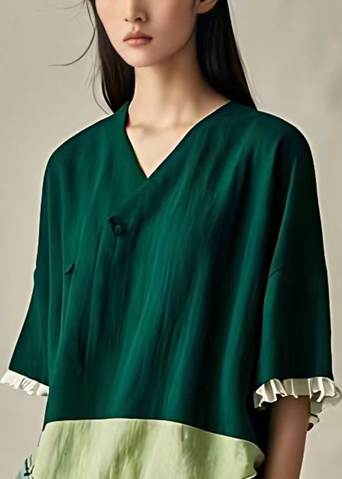 Chic Green Ruffled Patchwork Cotton Shirts Half Sleeve