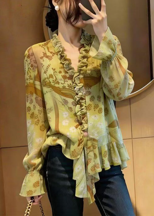 Chic Green Ruffled Print Chiffon Blouse Top Spring