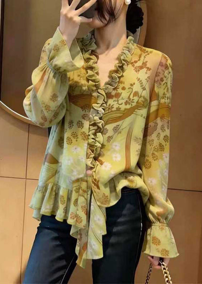 Chic Green Ruffled Print Chiffon Blouse Top Spring