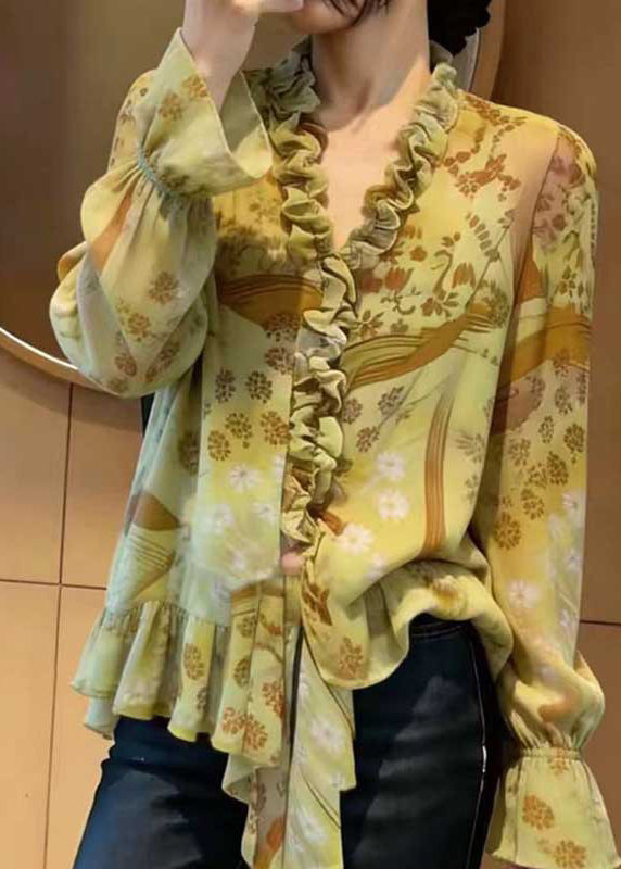 Chic Green Ruffled Print Chiffon Blouse Top Spring