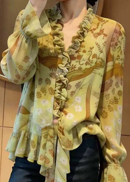 Chic Green Ruffled Print Chiffon Blouse Top Spring