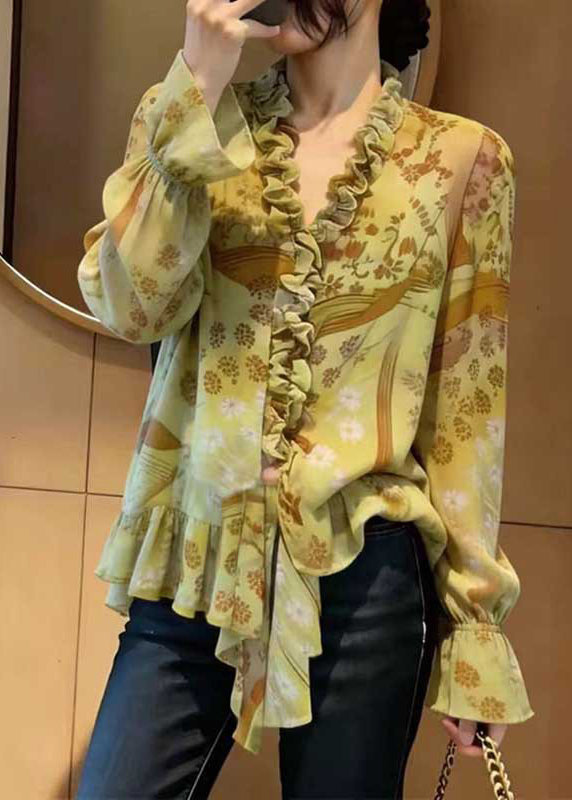 Chic Green Ruffled Print Chiffon Blouse Top Spring