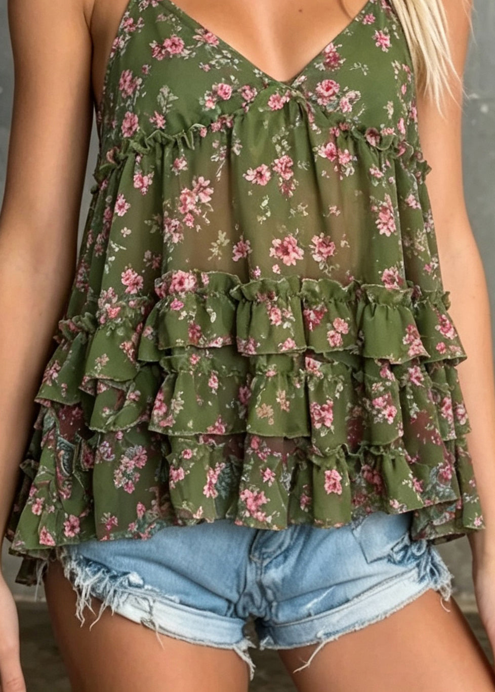 Chic Green Ruffled Print Chiffon Spaghetti Strap Top Sleeveless