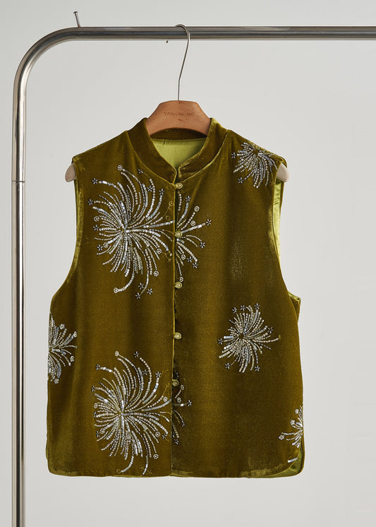 Chic Green Sequins Embroidered Silk Velvet Vest Fall