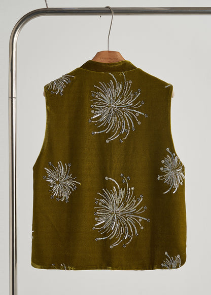 Chic Green Sequins Embroidered Silk Velvet Vest Fall