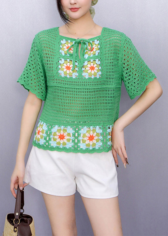 Chic Green Square Collar Tie Lace Knit Top Summer