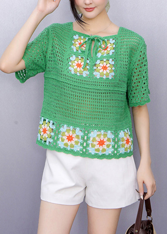 Chic Green Square Collar Tie Lace Knit Top Summer