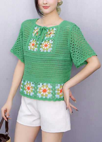 Chic Green Square Collar Tie Lace Knit Top Summer