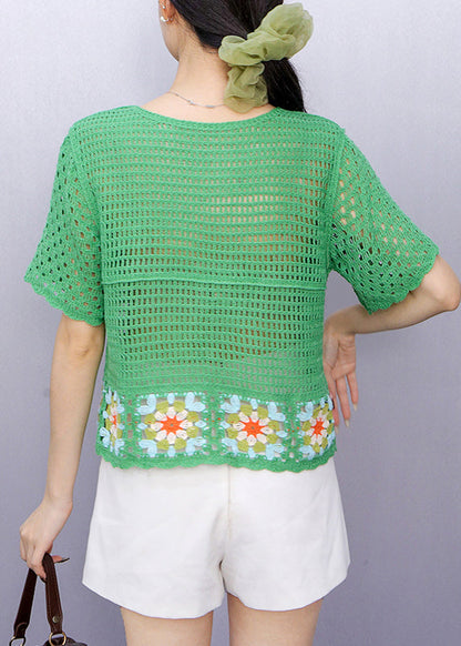 Chic Green Square Collar Tie Lace Knit Top Summer