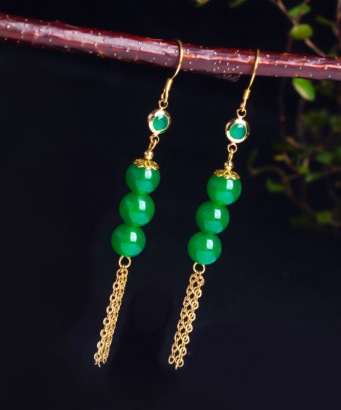 Elegantes pendientes colgantes con borlas de jade en oro de 14 quilates y plata de ley verde dorada