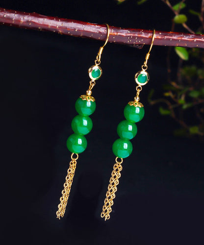 Elegantes pendientes colgantes con borlas de jade en oro de 14 quilates y plata de ley verde dorada