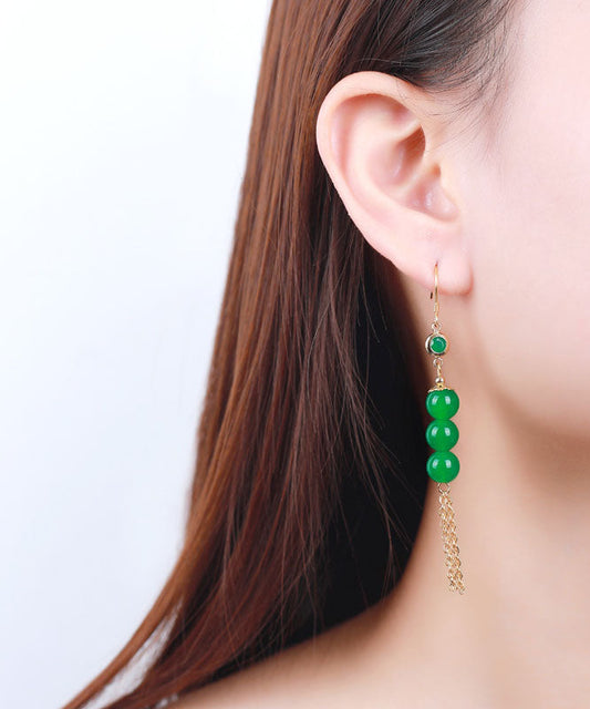 Elegantes pendientes colgantes con borlas de jade en oro de 14 quilates y plata de ley verde dorada