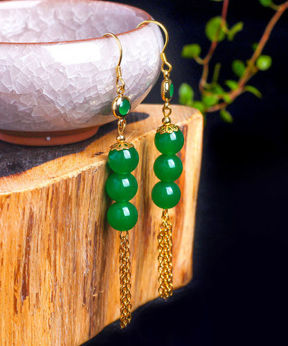 Elegantes pendientes colgantes con borlas de jade en oro de 14 quilates y plata de ley verde dorada