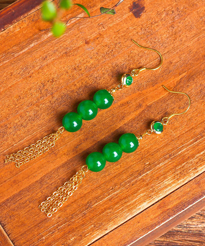 Elegantes pendientes colgantes con borlas de jade en oro de 14 quilates y plata de ley verde dorada
