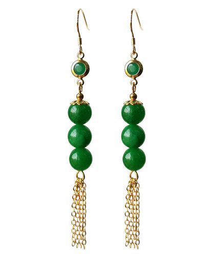 Elegantes pendientes colgantes con borlas de jade en oro de 14 quilates y plata de ley verde dorada