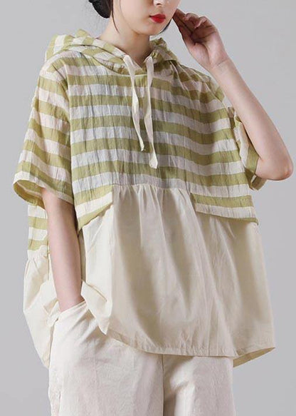 Chic Green Striped Oversize Cotton Linen Summer Shirt - SooLinen