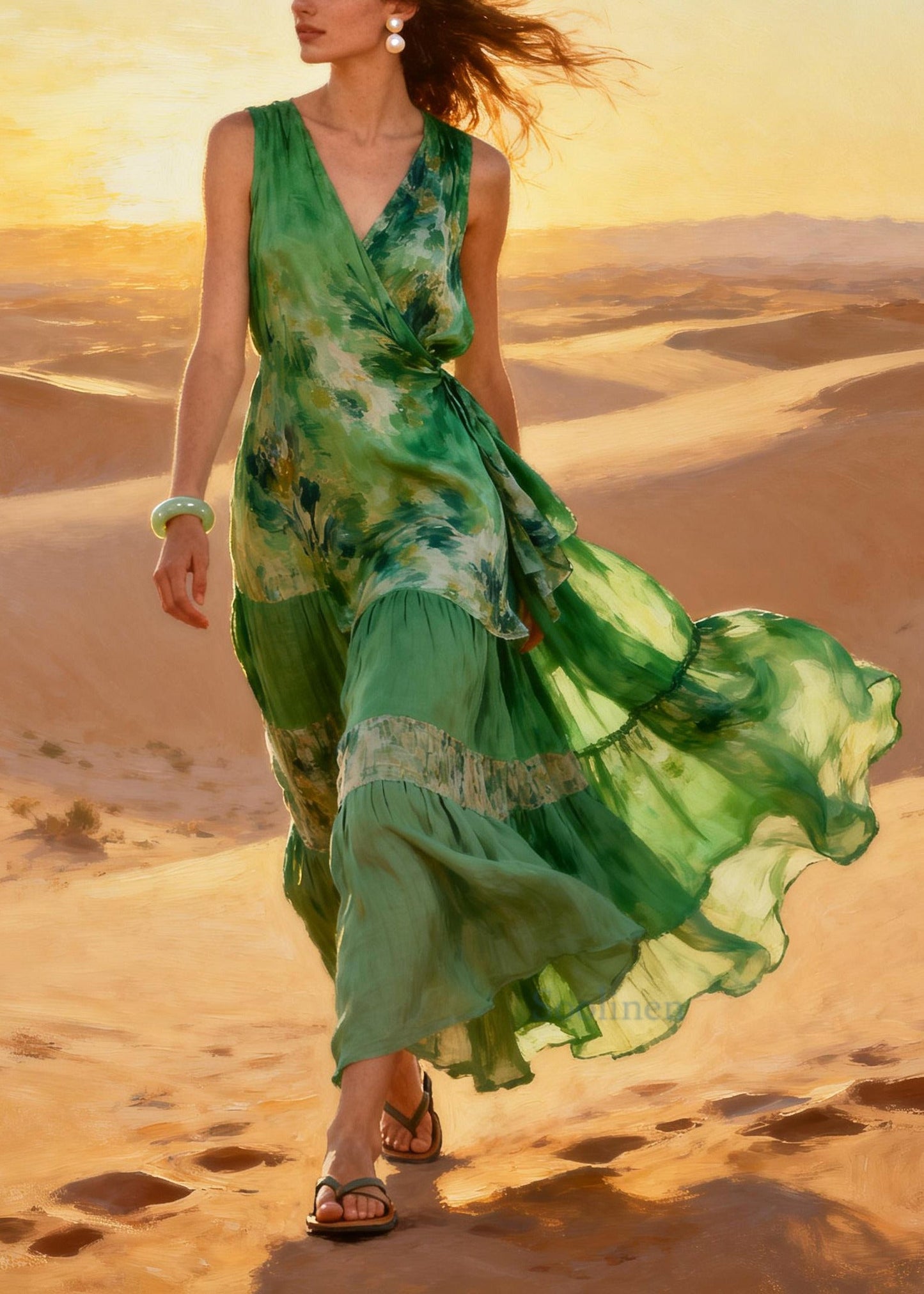Chic Green Tie Dye Exra Large Hem Chiffon Holiday Dress Summer