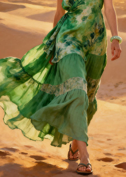 Chic Green Tie Dye Exra Large Hem Chiffon Holiday Dress Summer
