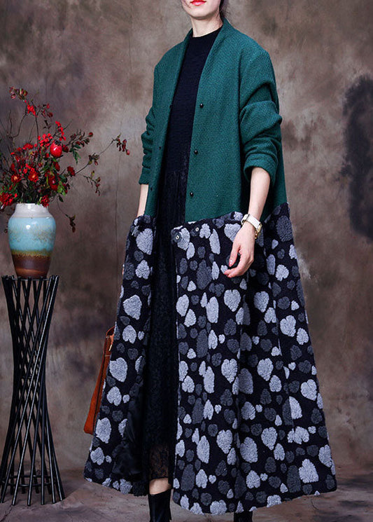 Schicke grüne V-Ausschnitt Patchwork Kaschmirmäntel Winter